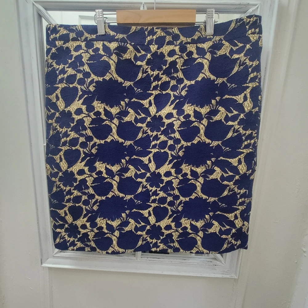 JCrew Navy &‎ Gold Brocade Wool Floral Skirt 16 Holiday Festive Party Preppy
